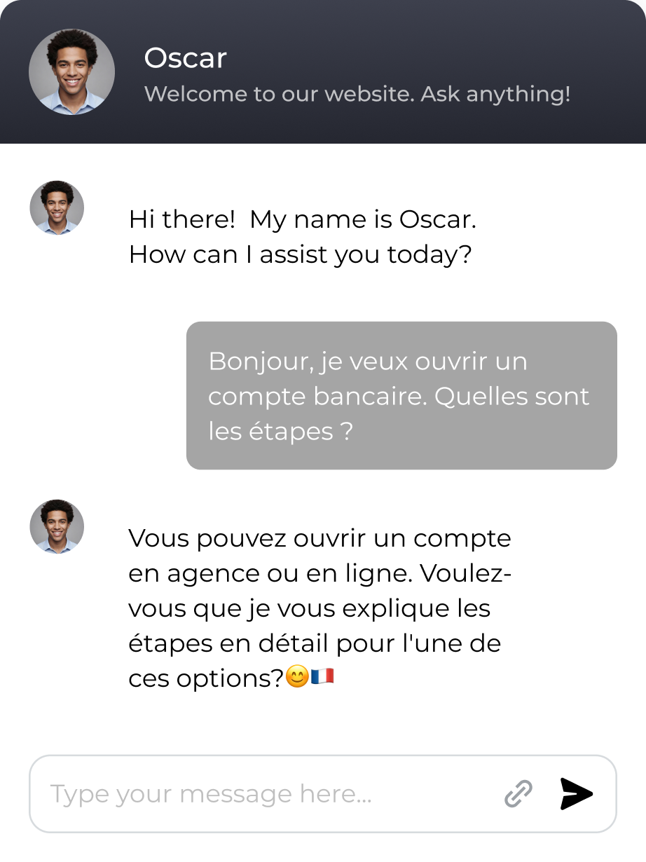 Multilingual AI chatbot that supports multiple languages for global customer support and sales