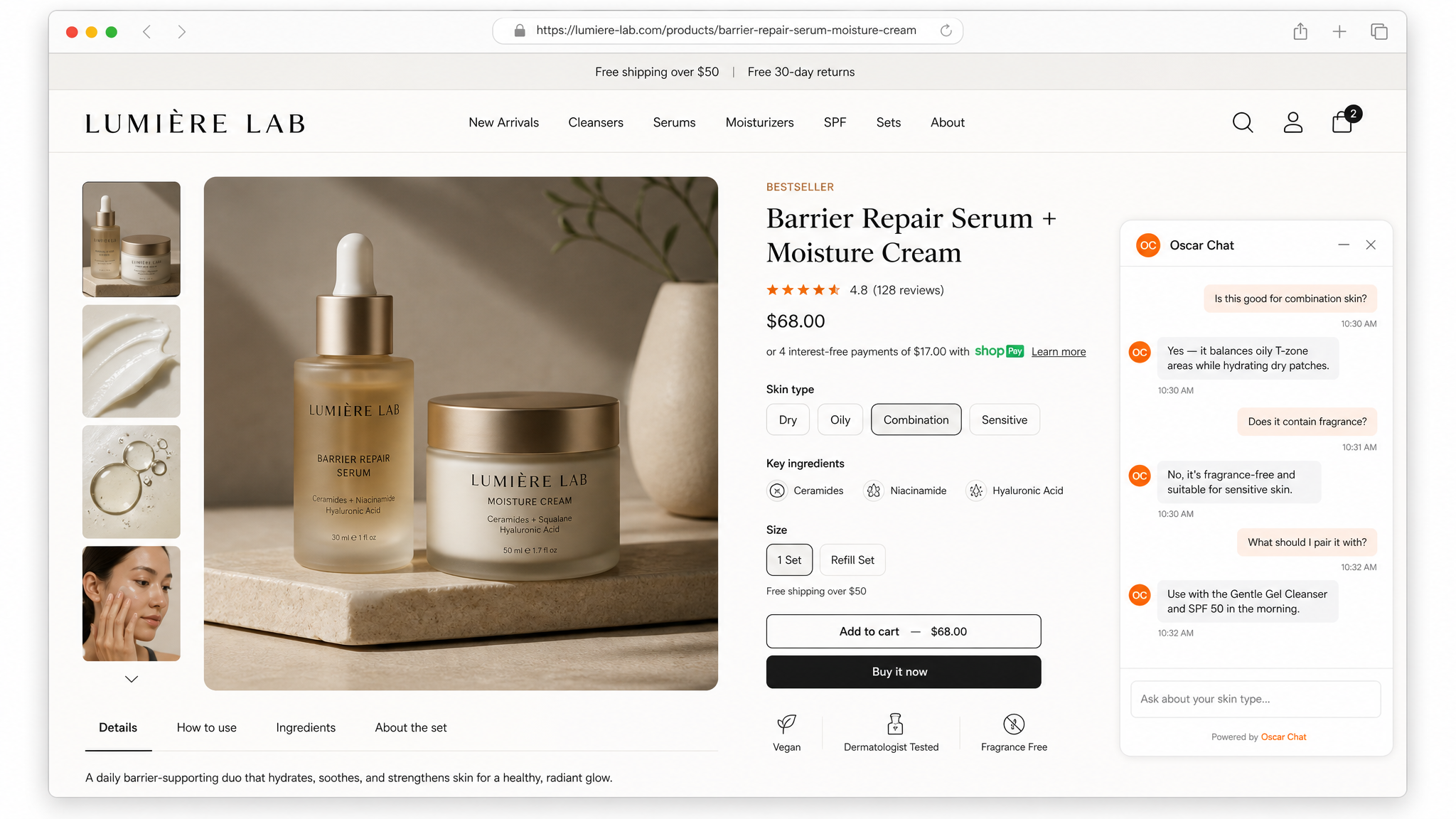 Realistic beauty ecommerce product page with AI chat recommendations