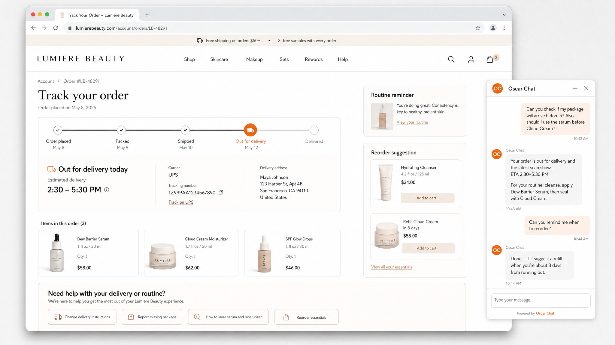 Realistic beauty order tracking page with live chat support
