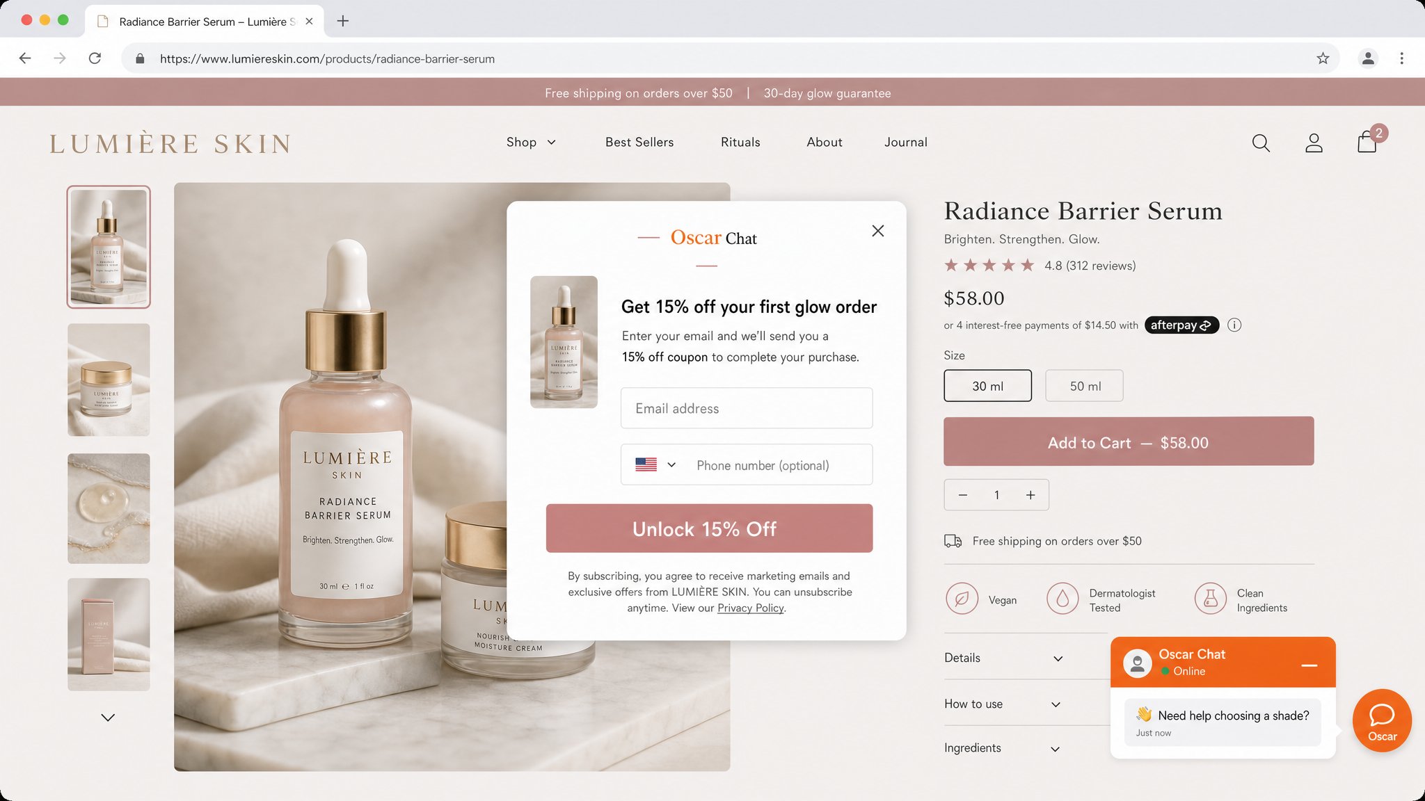 Realistic beauty product promo popup on ecommerce site