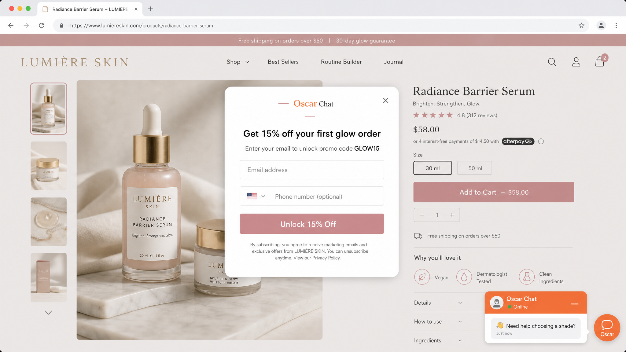 Realistic beauty ecommerce discount popup with promo code and chat