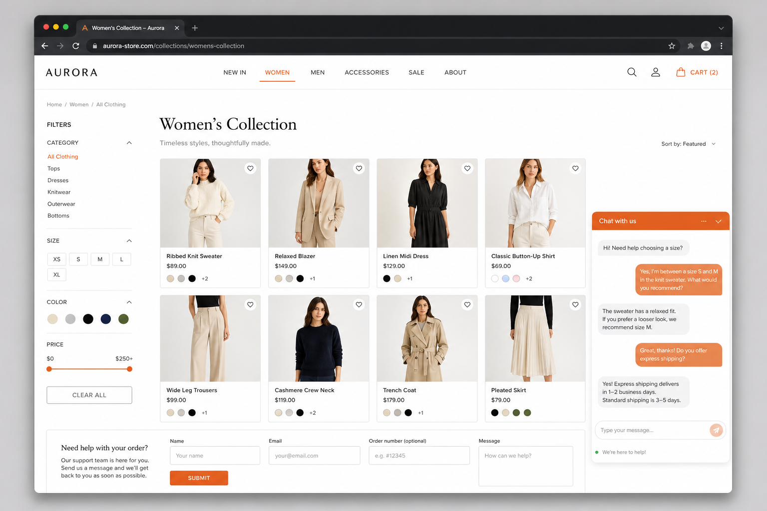 Realistic ecommerce help form and chat widget