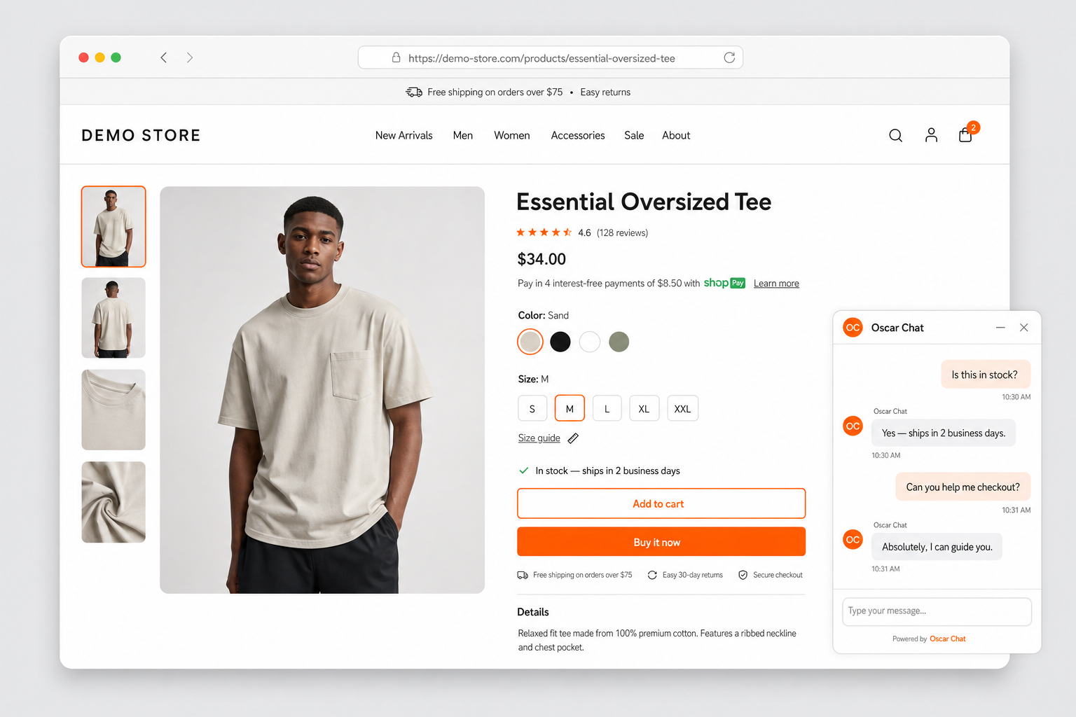 Realistic ecommerce product page with live chat widget