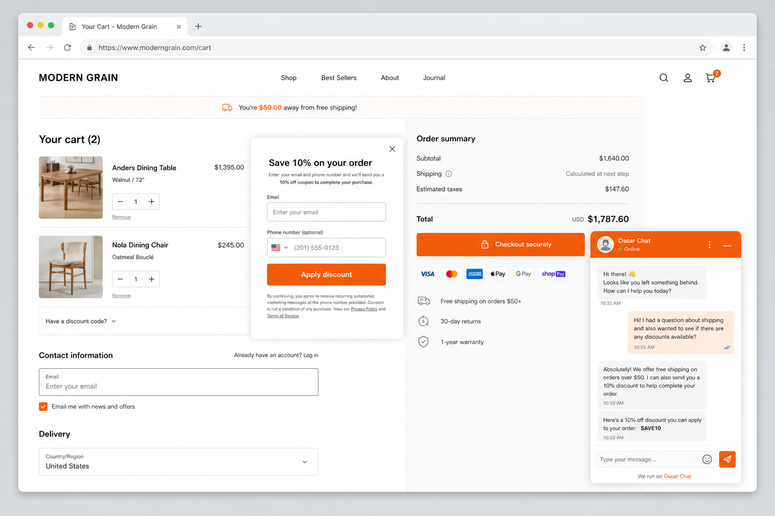 Realistic ecommerce cart recovery popup and chat widget