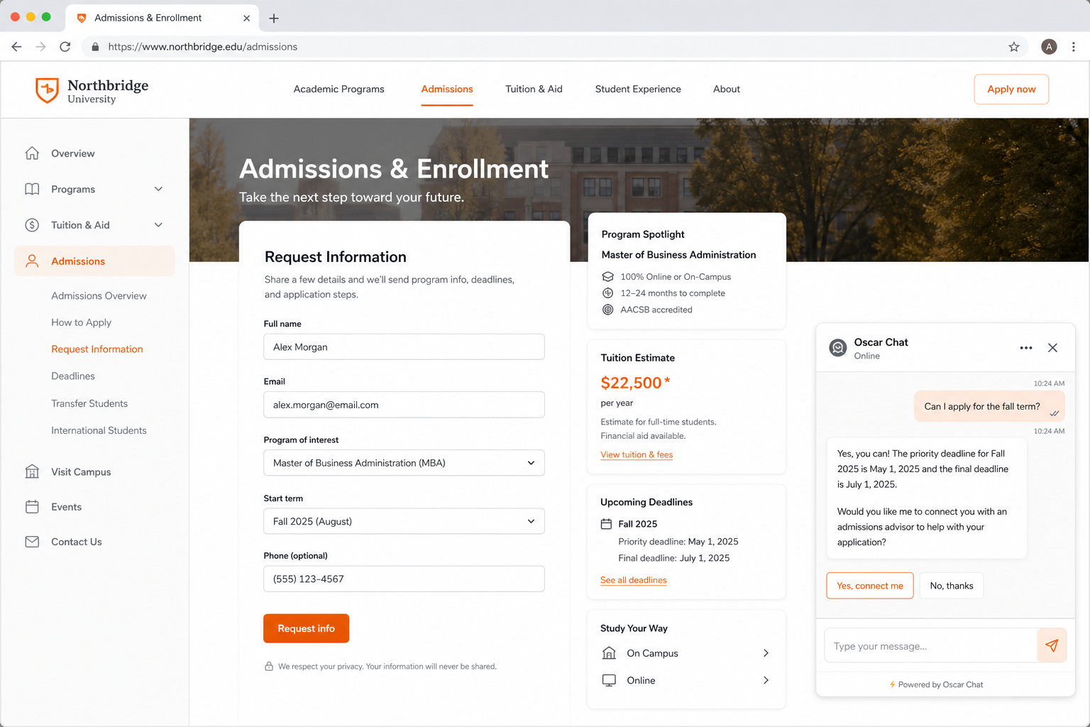 Realistisch toelatingsformulier en chatwidget voor het onderwijs