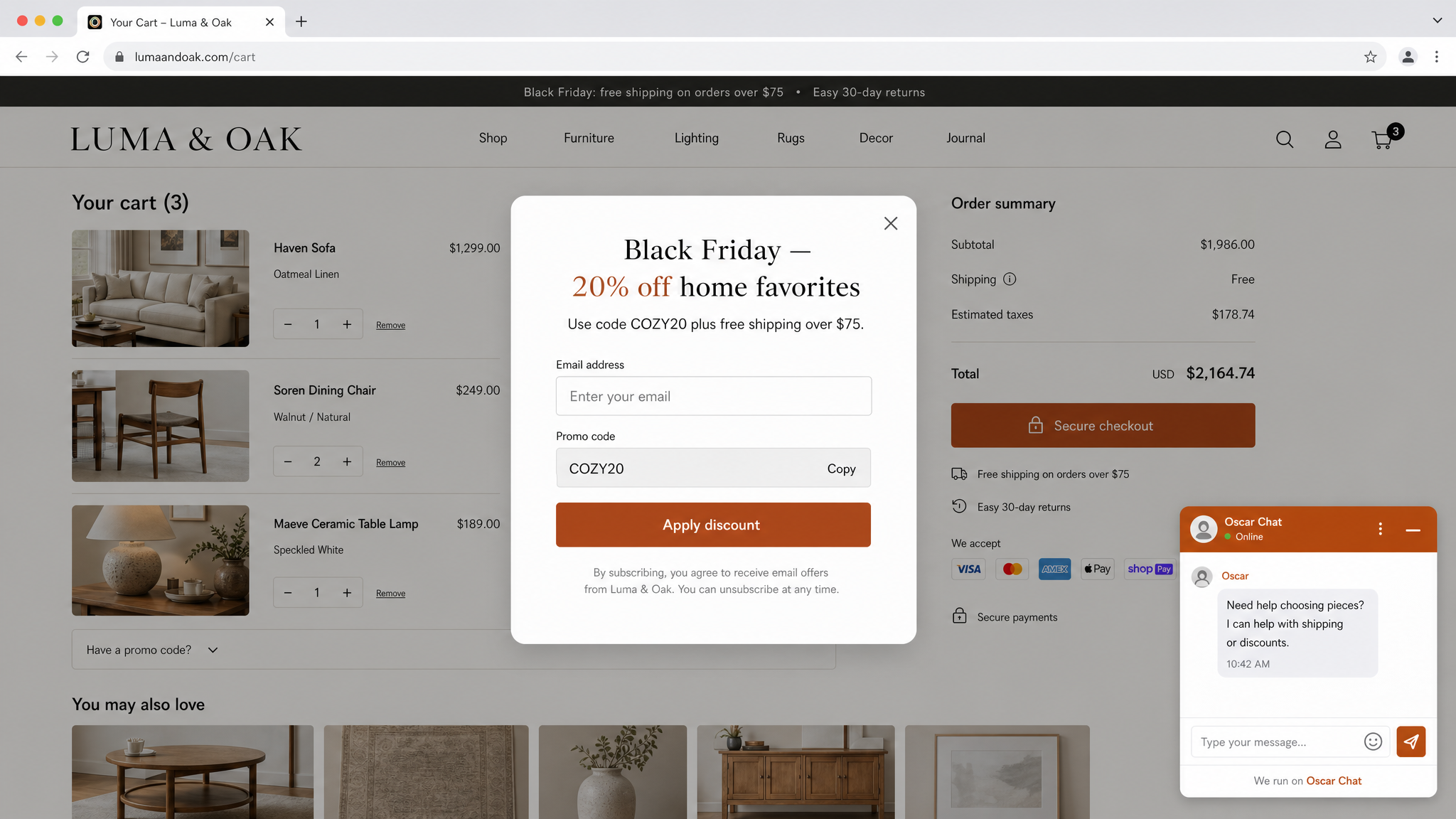 Realistic home decor Black Friday popup with promo code