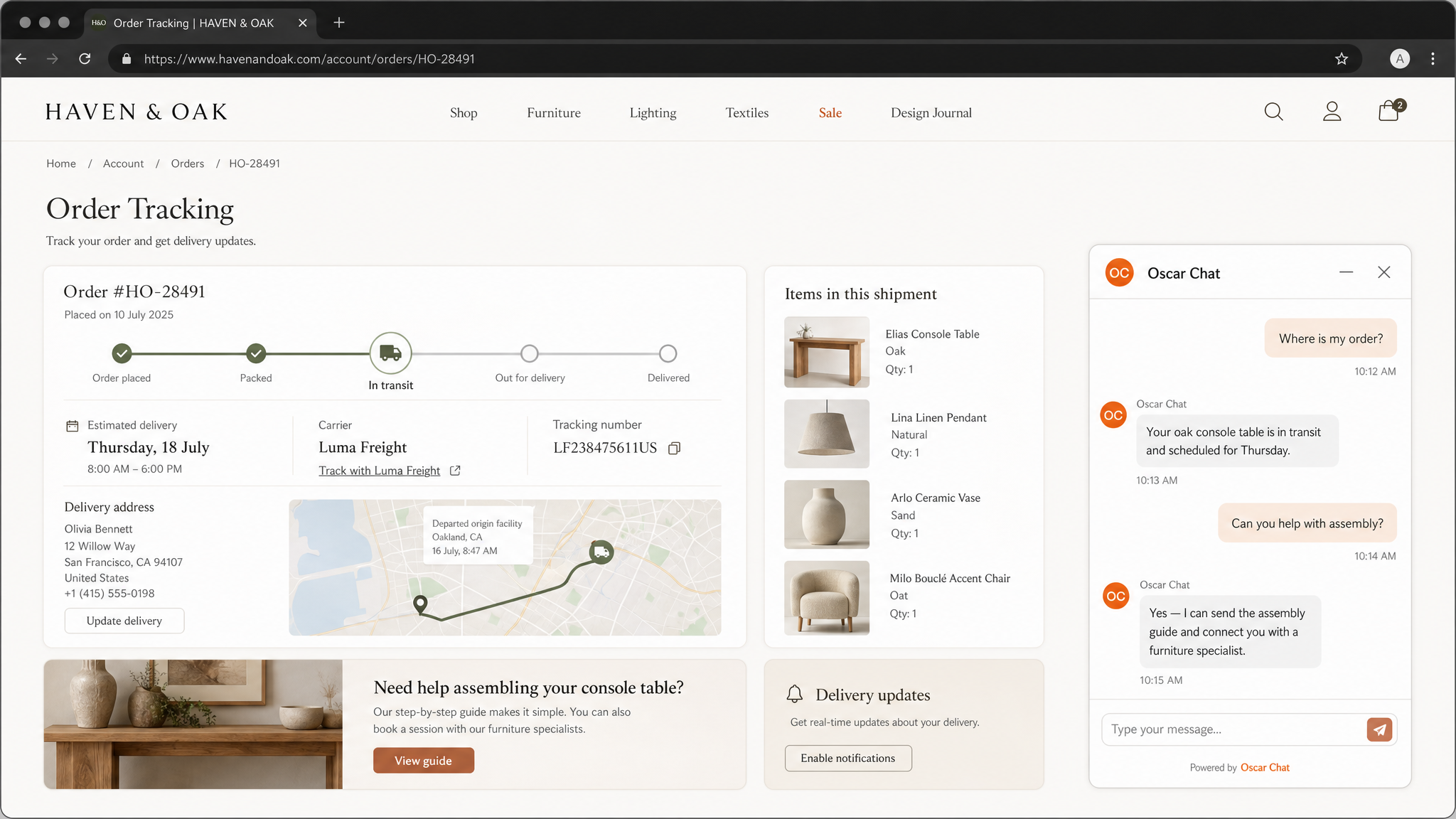 Realistic home decor delivery tracking page with live chat