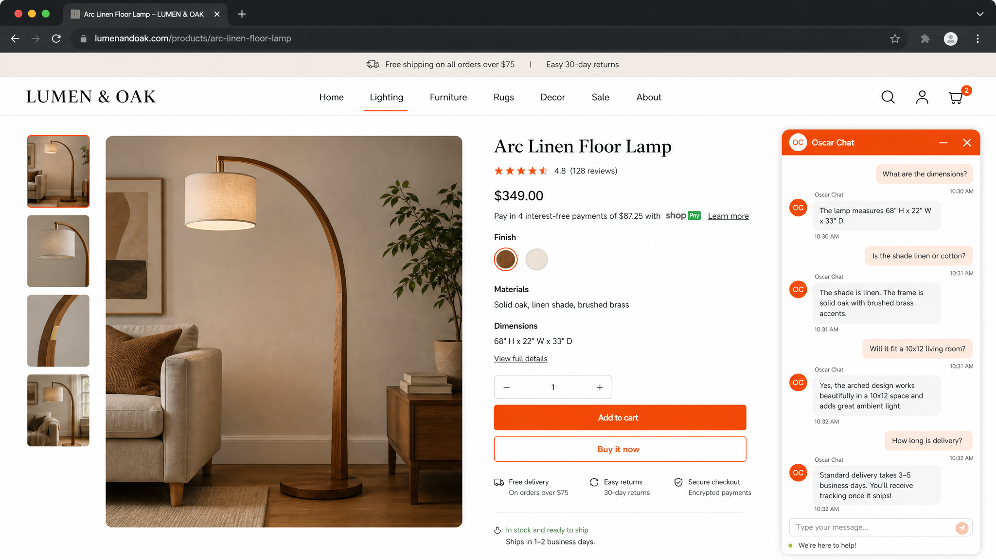 Realistic home decor product page with AI chat guidance