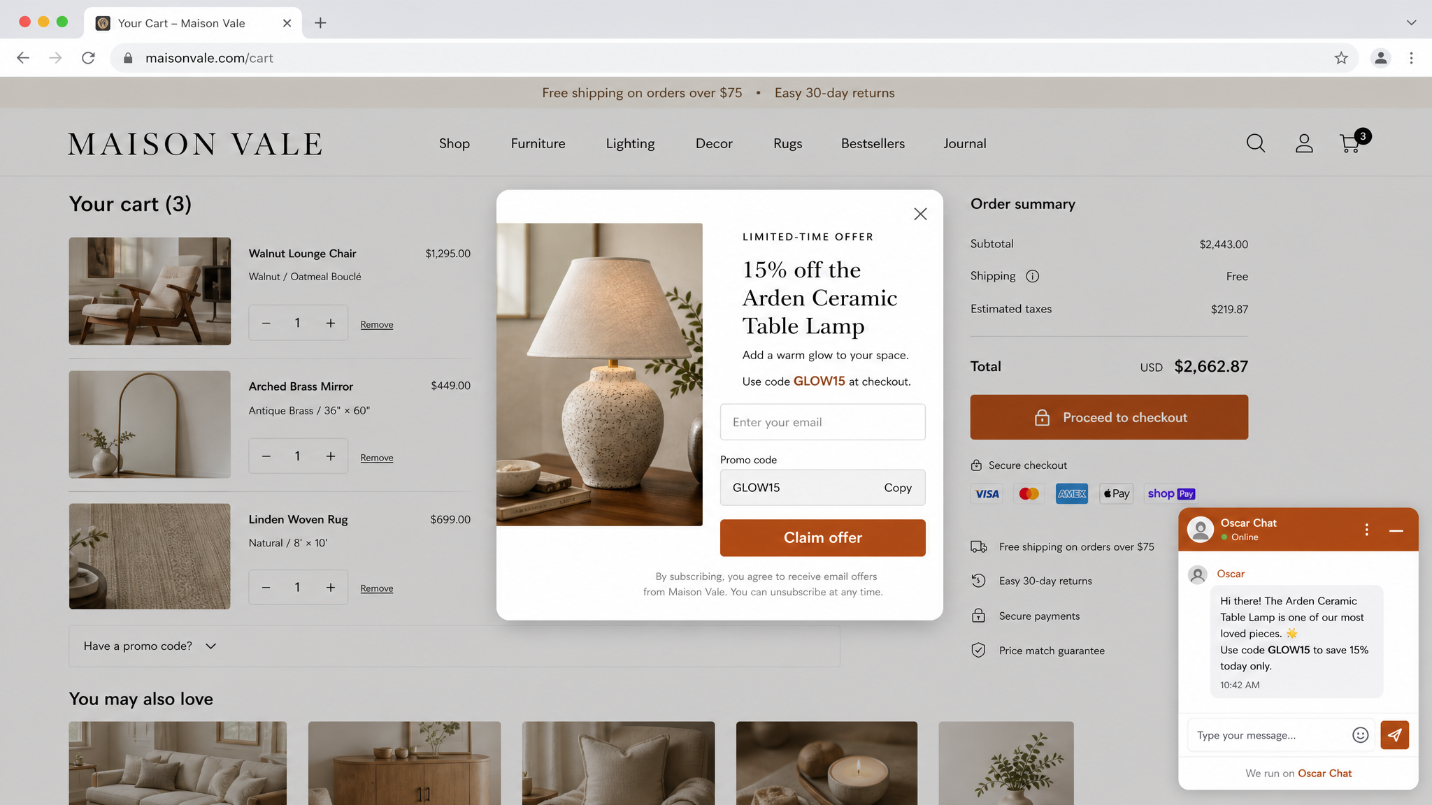 Realistic home decor product promo popup on ecommerce site