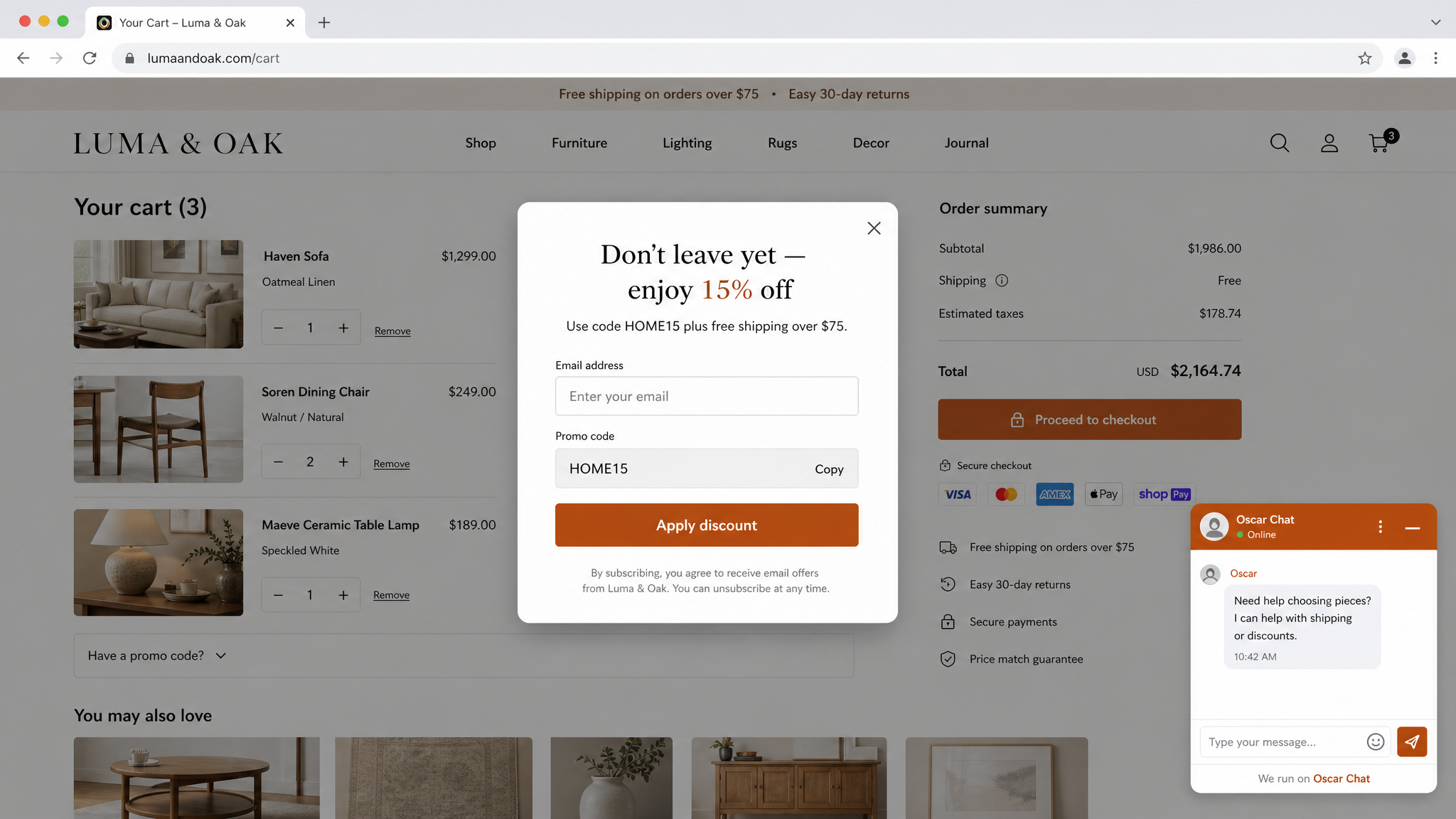 Realistic home decor discount popup with promo code and chat