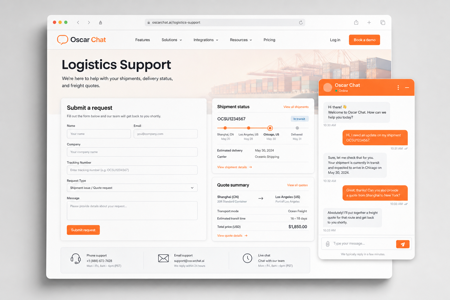 Realistic logistics support form and chat widget
