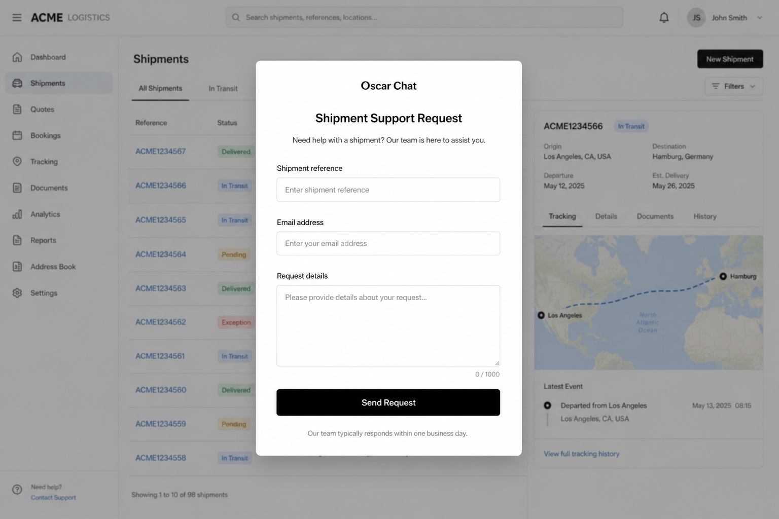 Realistic logistics support popup and form
