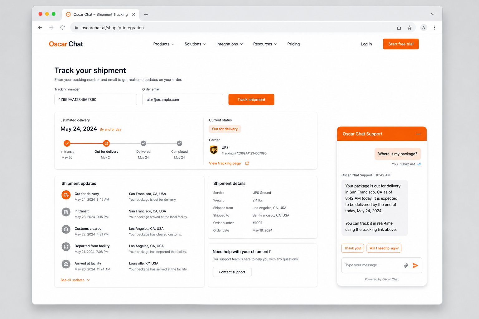 Realistic logistics tracking page with live chat widget