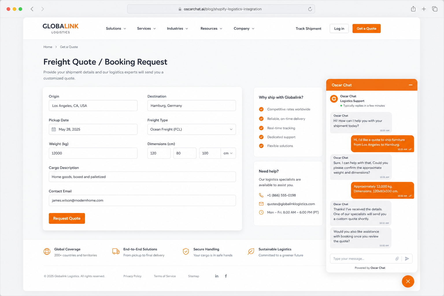 Realistic logistics quote form and chat widget