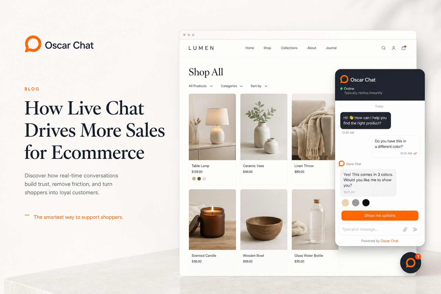 Minimalist Oscar Chat ecommerce website hero cover with chatbot widget