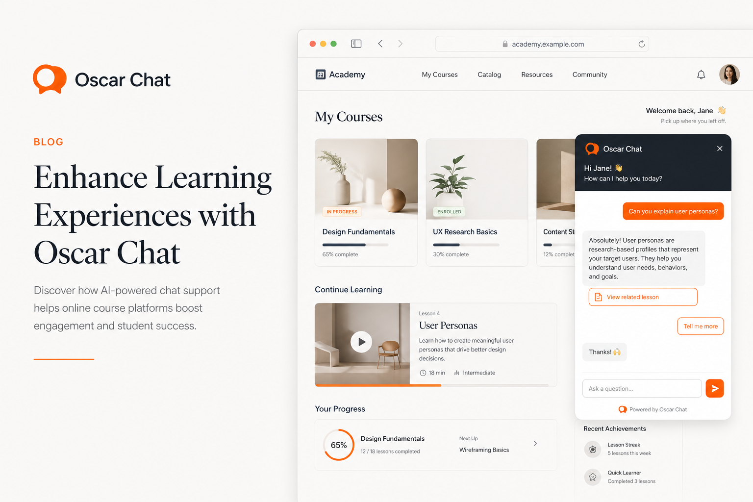 Minimalist Oscar Chat education website hero cover with chatbot widget