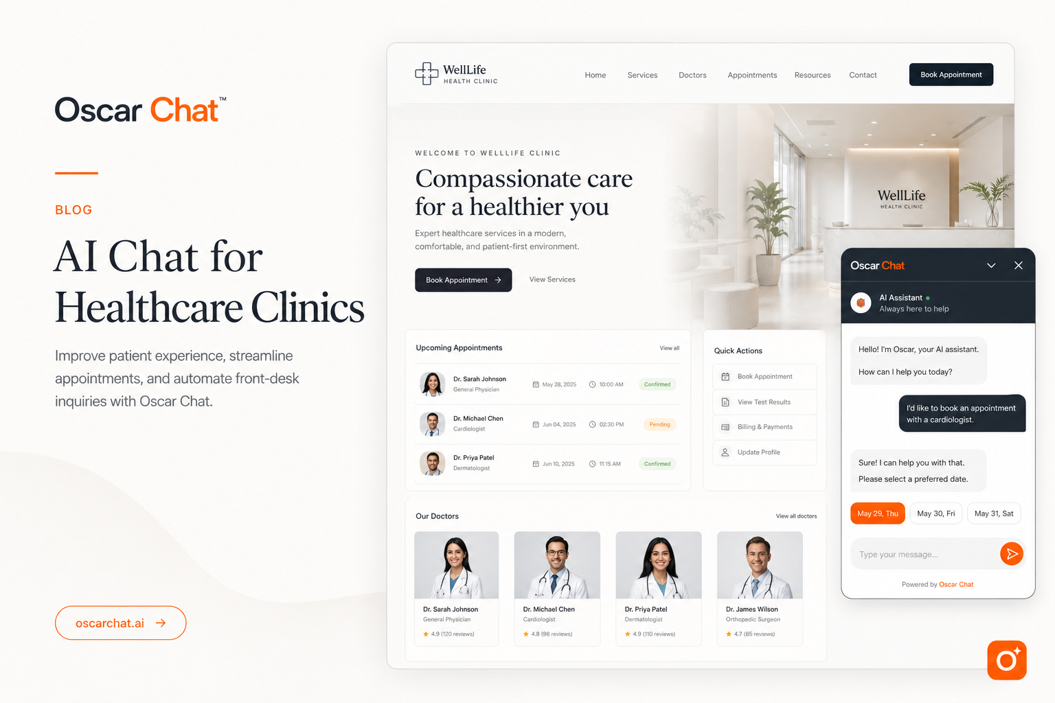 Minimalist Oscar Chat healthcare website hero cover with chatbot widget