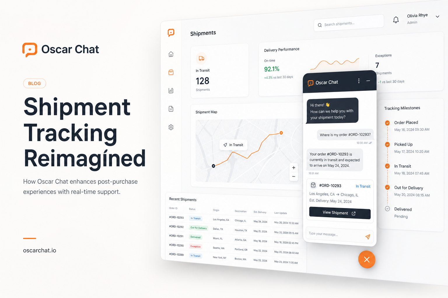 Minimalist Oscar Chat logistics website hero cover with chatbot widget