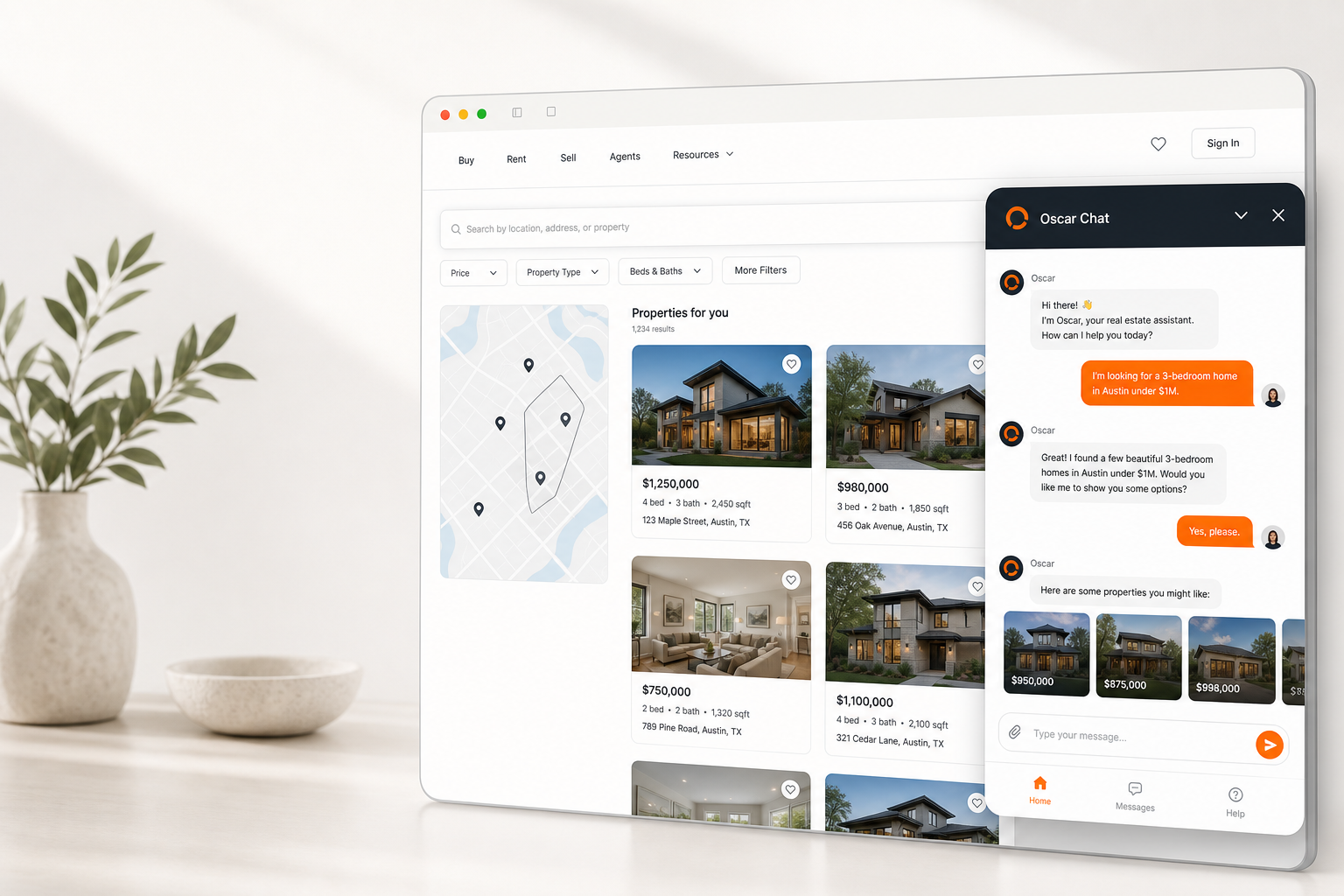 Minimalist Oscar Chat real estate website hero cover with chatbot widget
