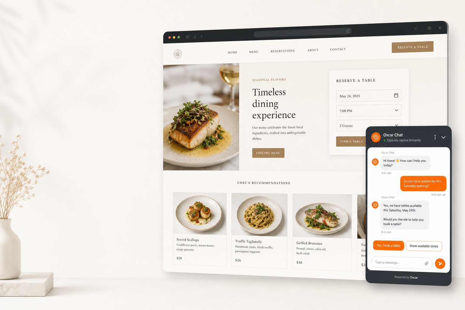 Minimalist Oscar Chat restaurant website hero cover with chatbot widget