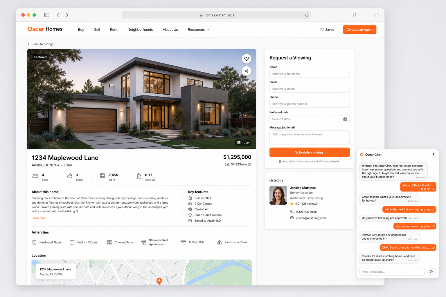 Realistic real estate viewing form and chat widget