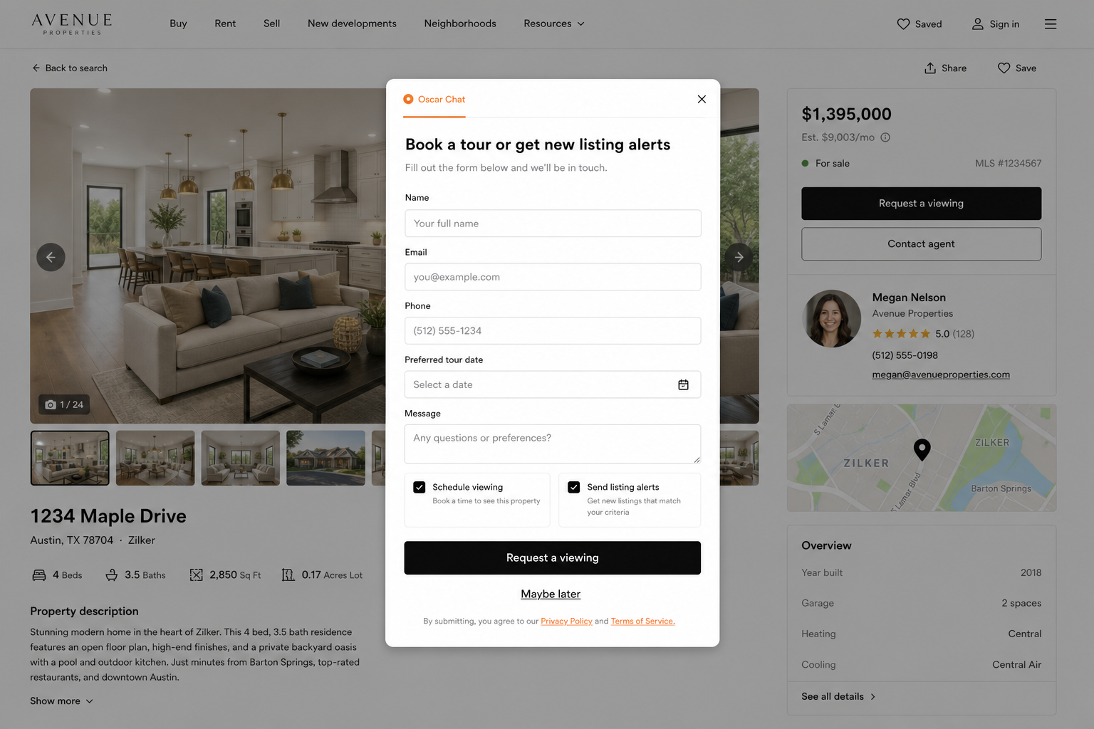 Realistic real estate viewing popup and form