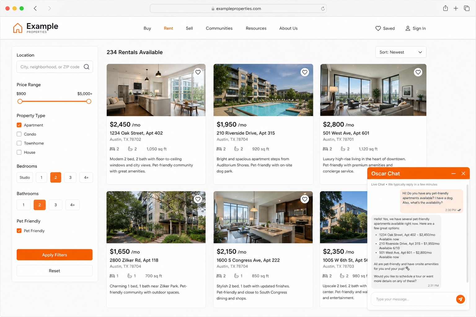 Realistic real estate listing page with live chat widget