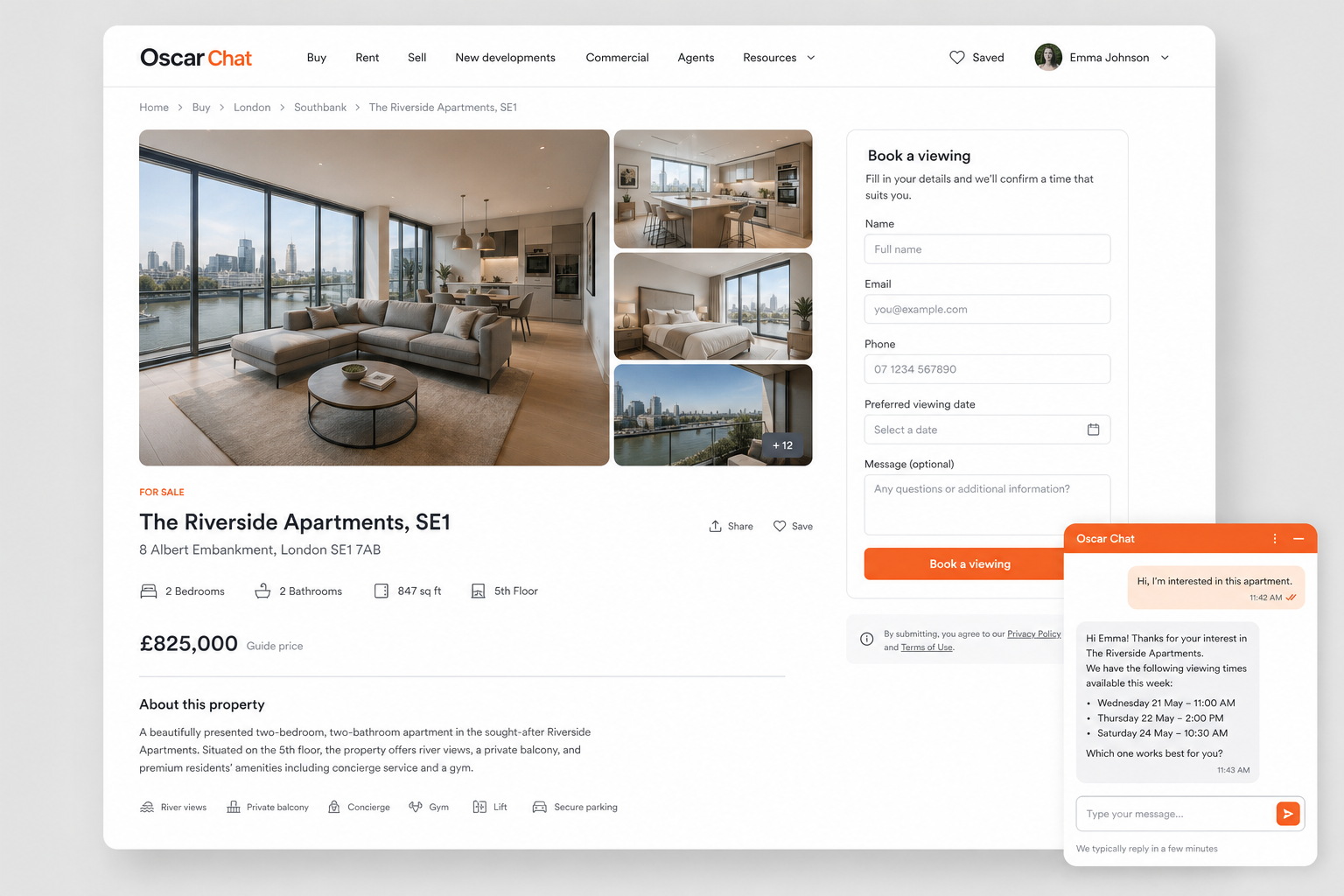 Realistic real estate inquiry form and chat widget