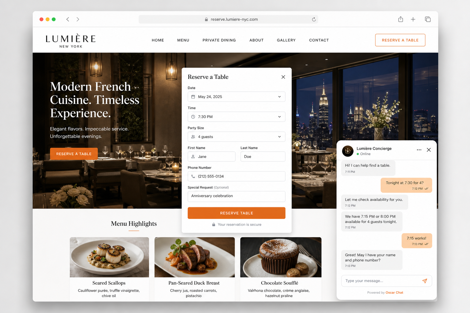 Realistic restaurant table booking form and chat widget