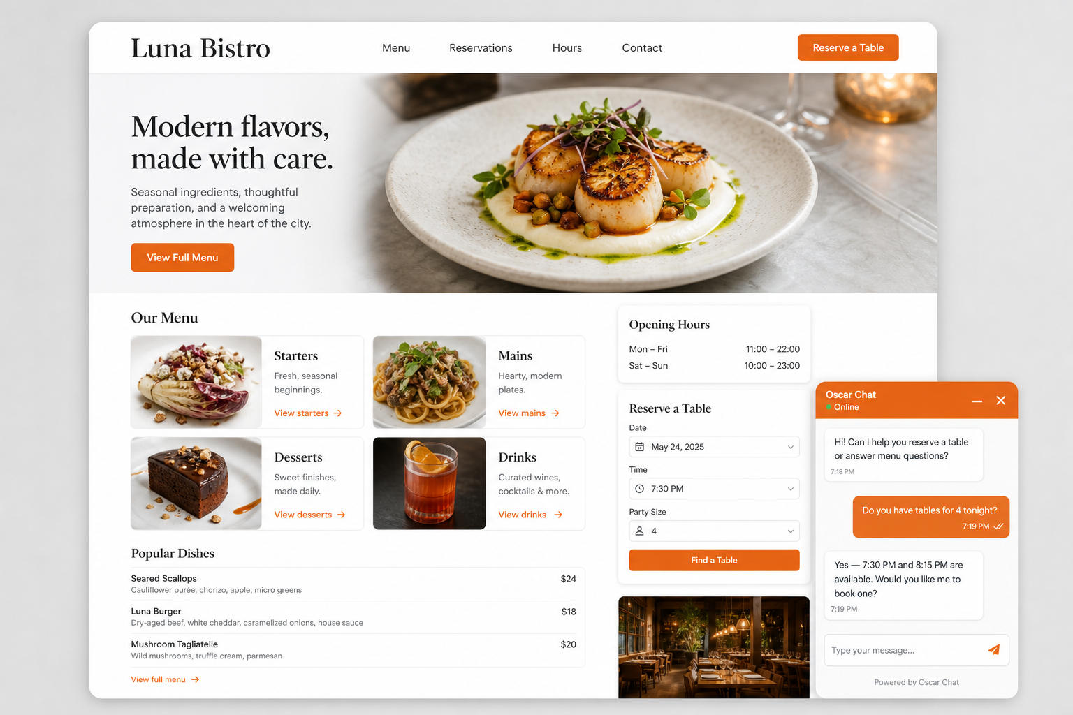 Realistic restaurant website with reservation chat widget