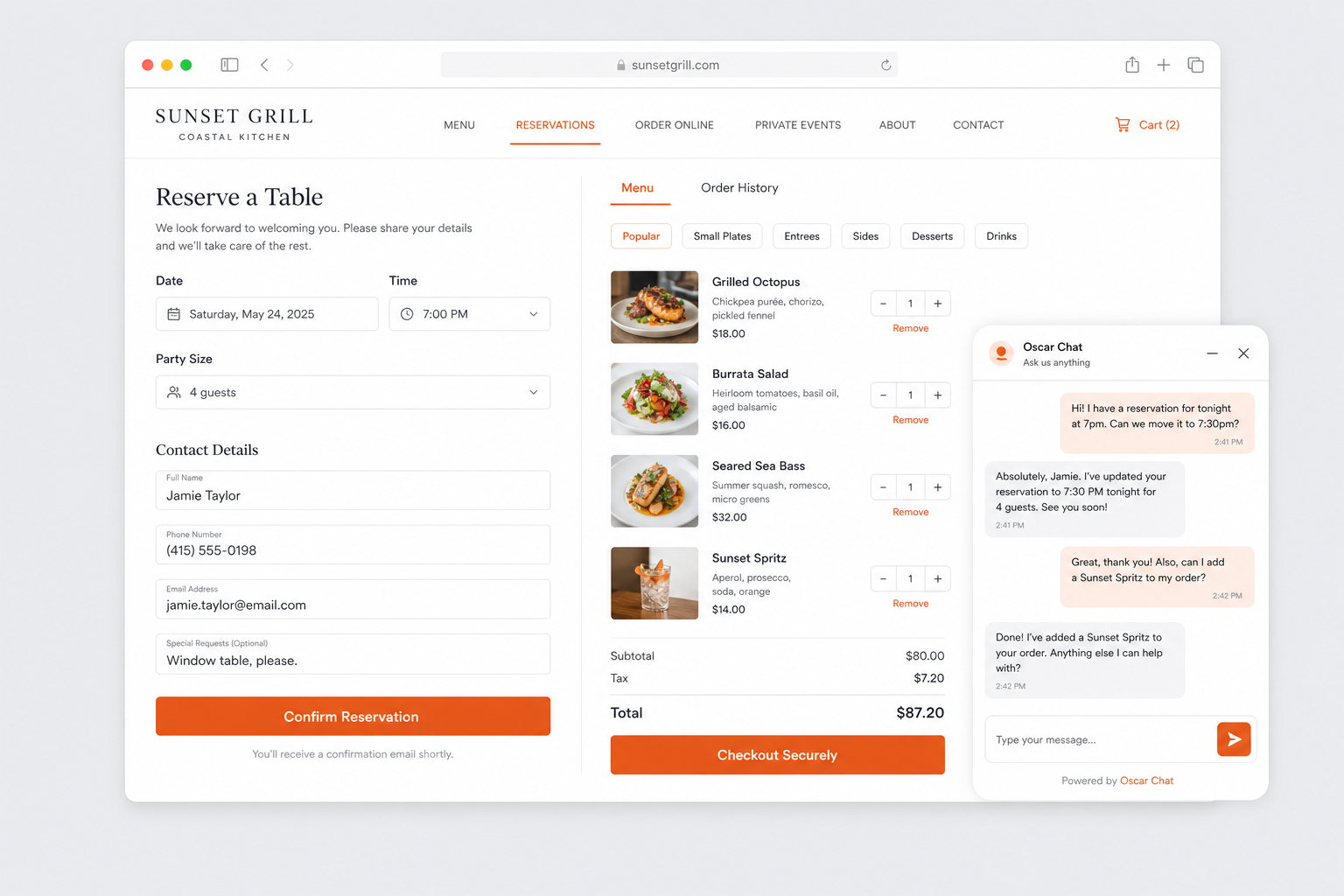 Realistic restaurant booking or order form with chat widget