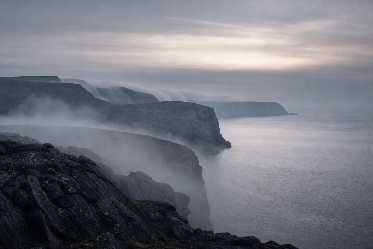 Misty gray coastal cliffs nature cover for Chatway alternatives with AI handoff
