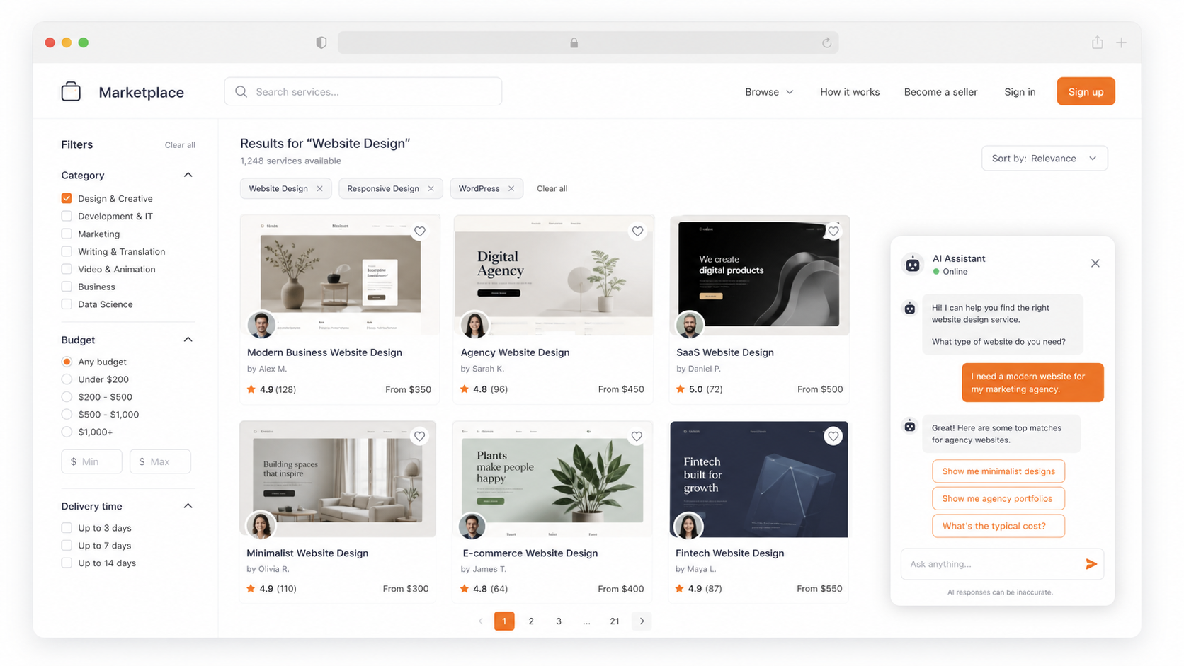 Marketplace website example with AI chat widget for guided selling