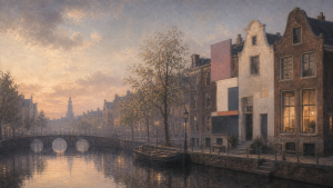 Calm Amsterdam canal in Dutch master style for Chatway alternatives for WordPress websites