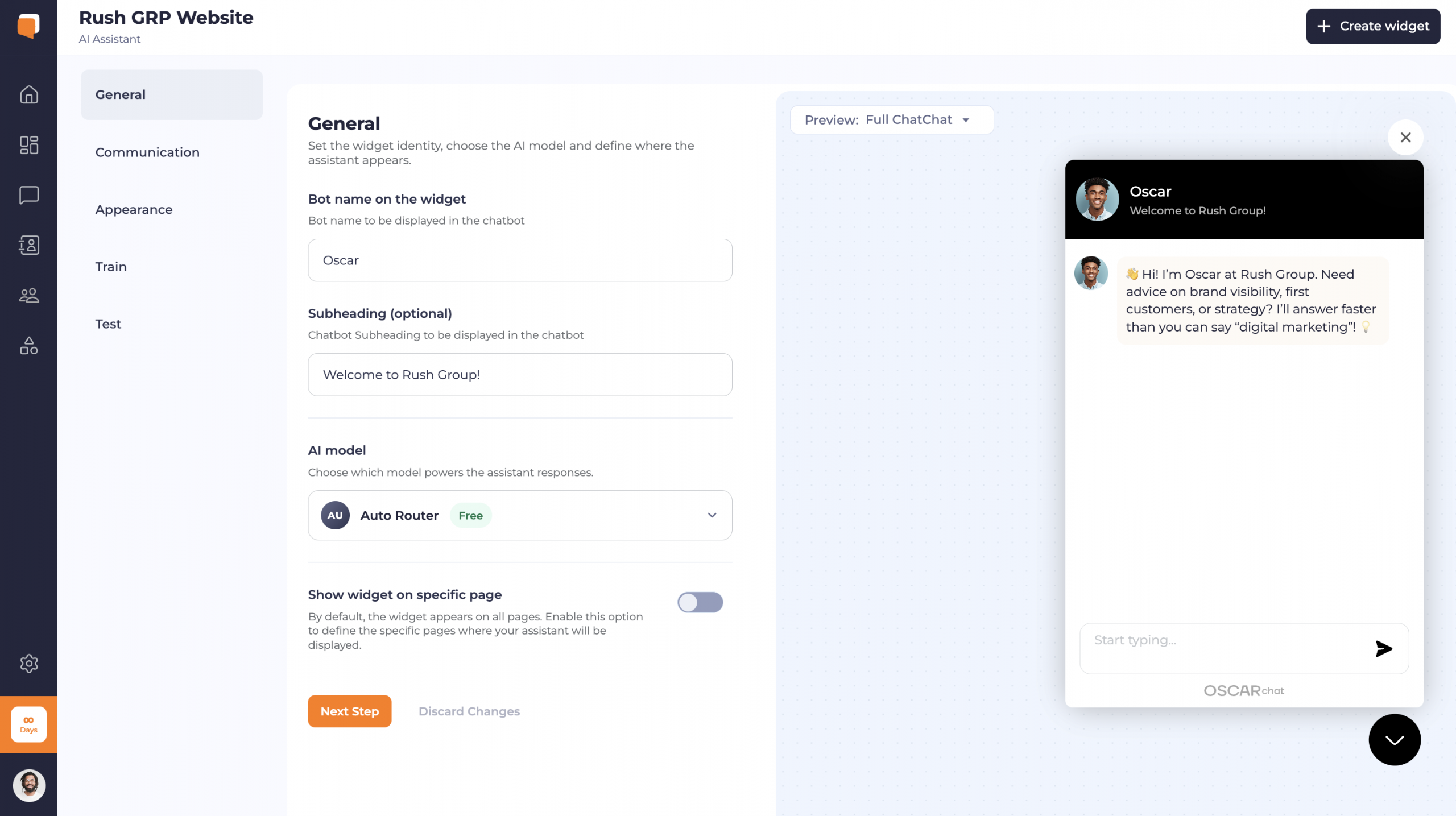 Oscar Chat general setup screen with AI model and widget preview