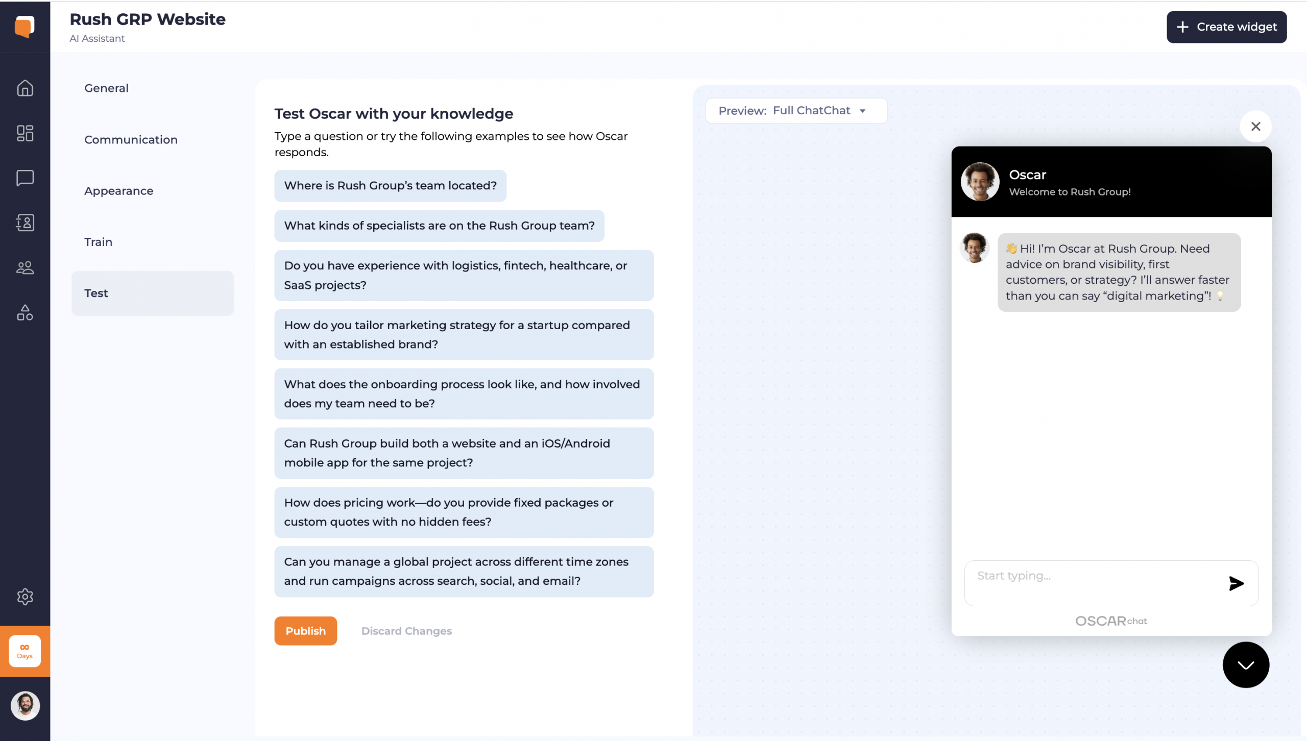 Oscar Chat test screen with suggested questions and live widget preview