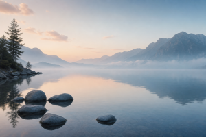 Premium calm alpine lake sunrise cover for customer self-service AI chat article