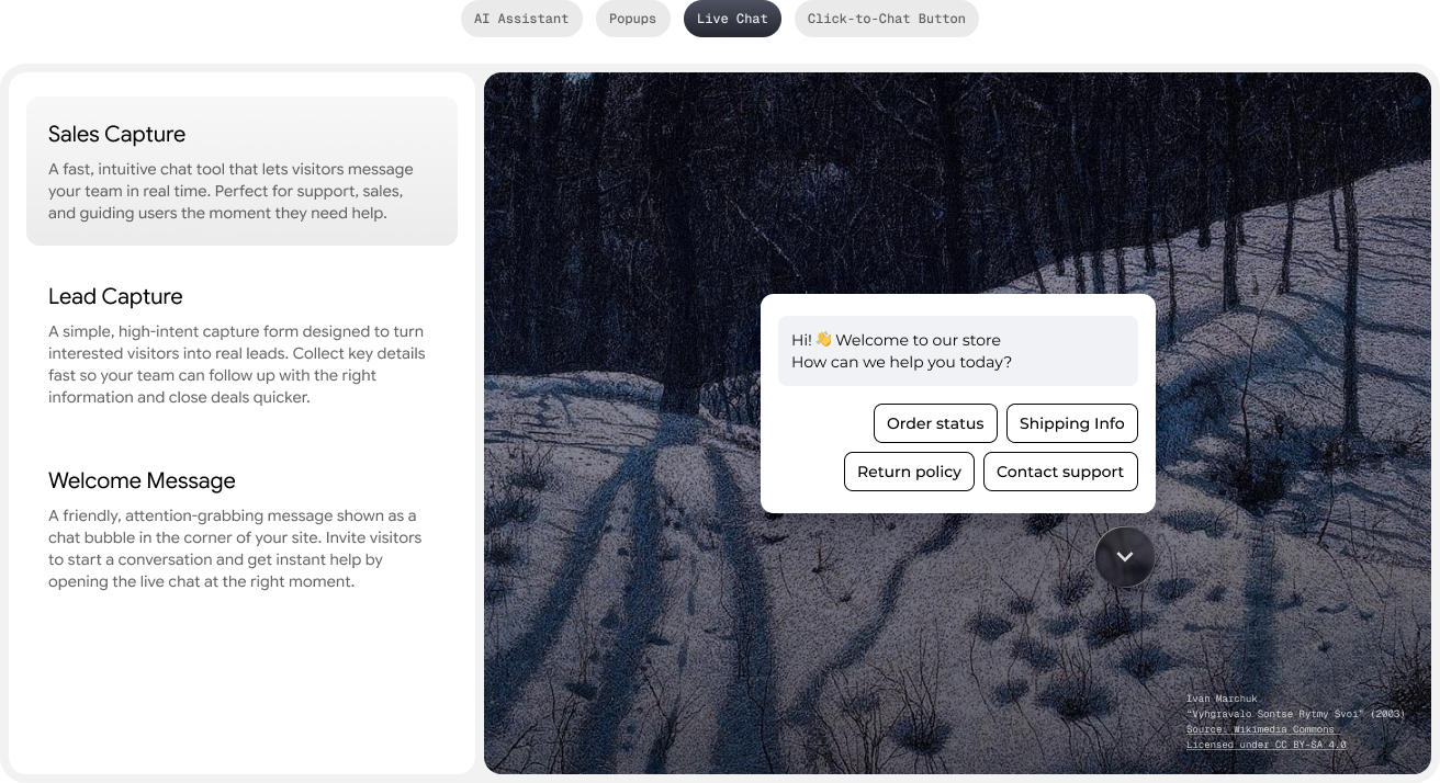 Oscar Chat live chat greeting with quick reply buttons for support questions