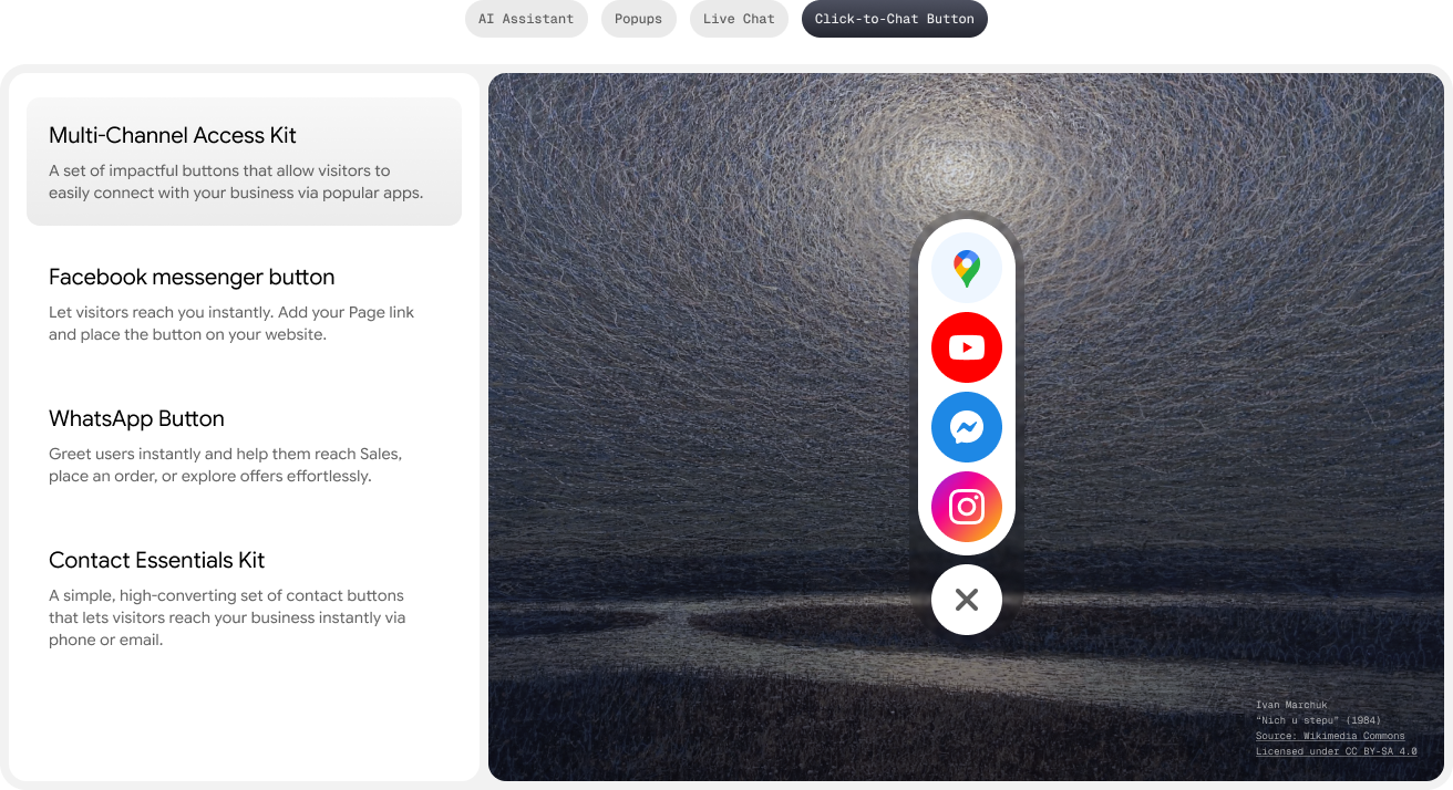 Oscar Chat multi-channel access kit with WhatsApp, Messenger and contact buttons
