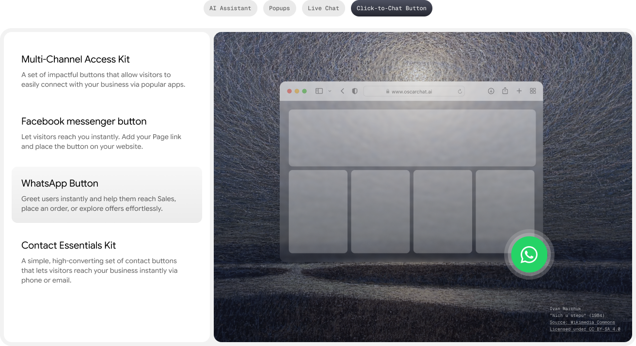 Oscar Chat WhatsApp floating click-to-chat widget example for Shopify stores
