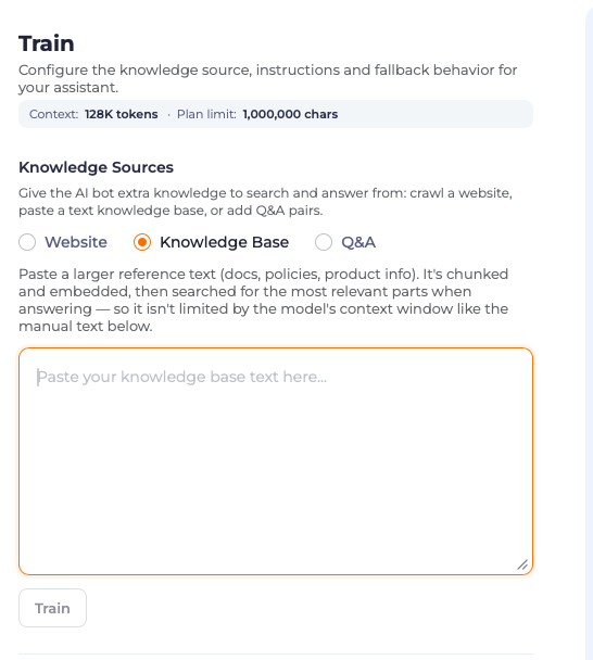 Paste a knowledge base text in Oscar Chat