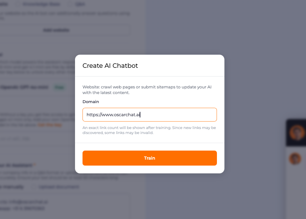 Paste your website domain to train the AI chatbot