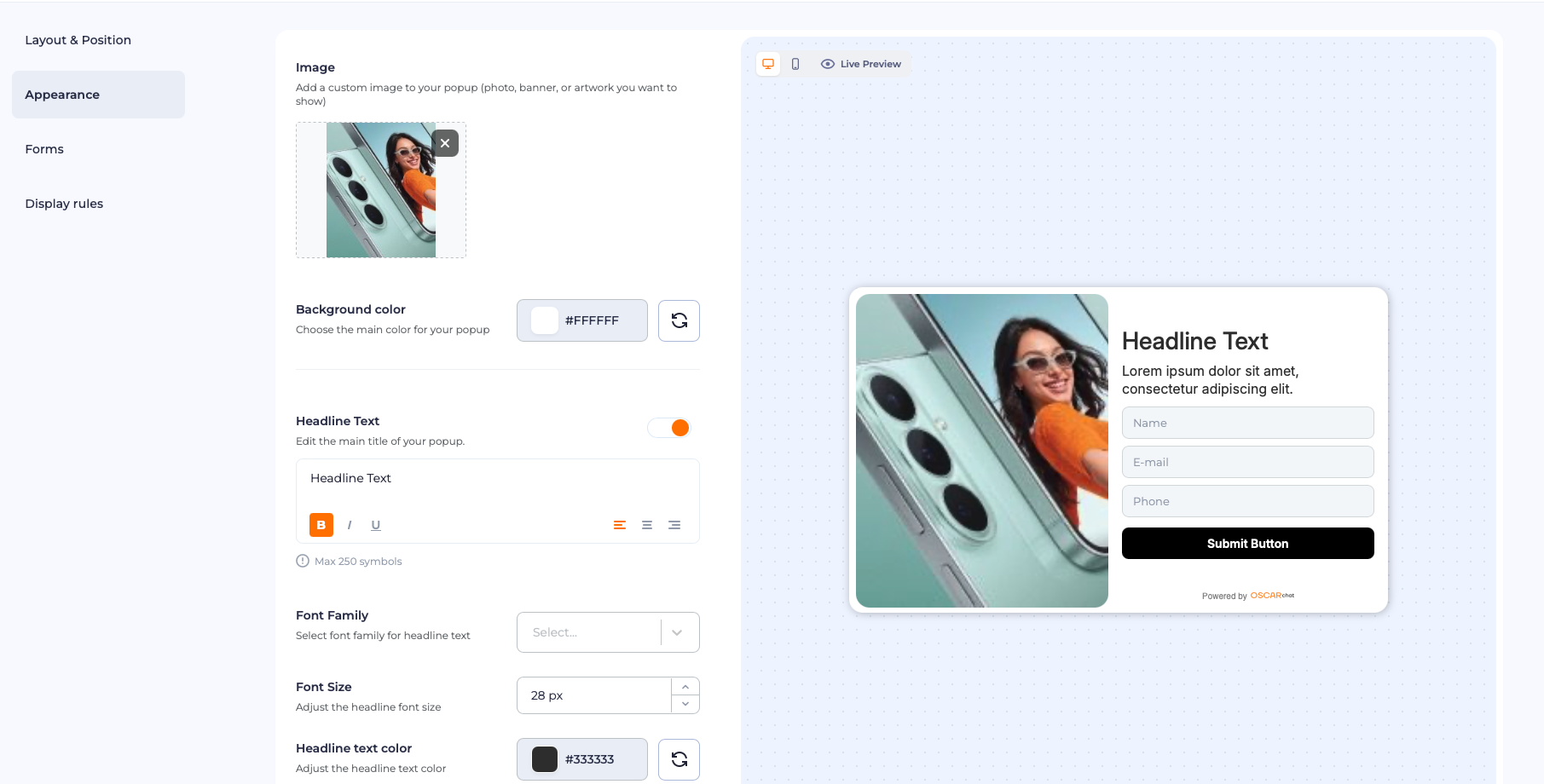 Popup builder navigation: Appearance, Forms and Display rules