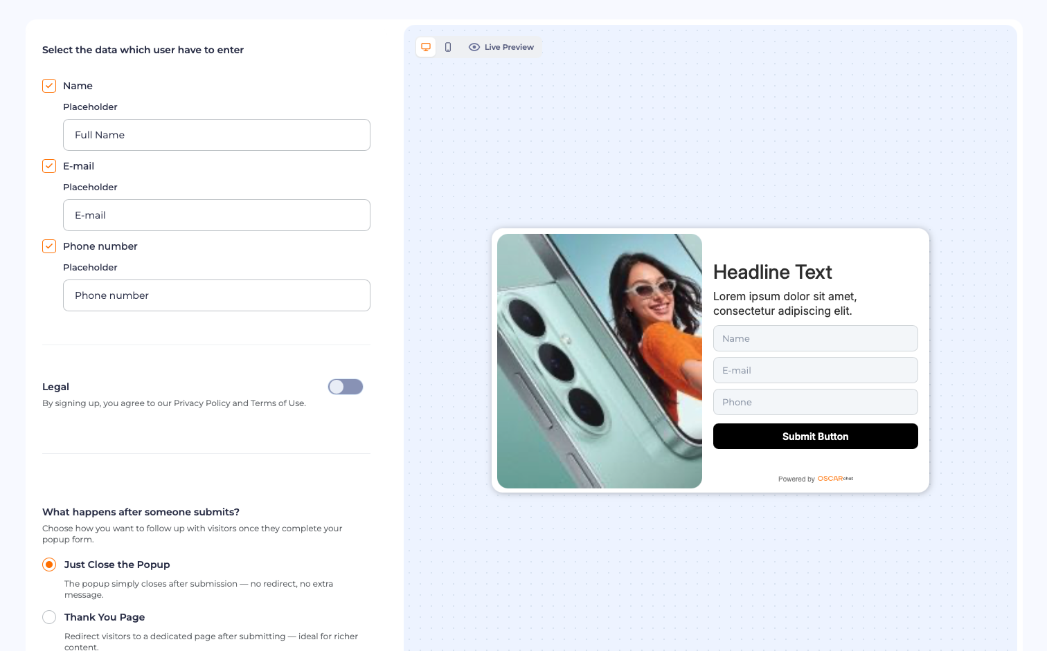 Selecting form fields for the popup