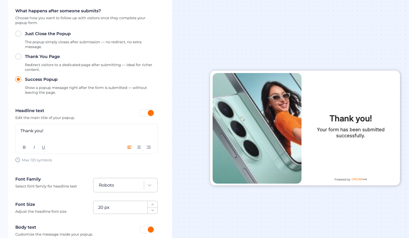 Success popup message after form submission