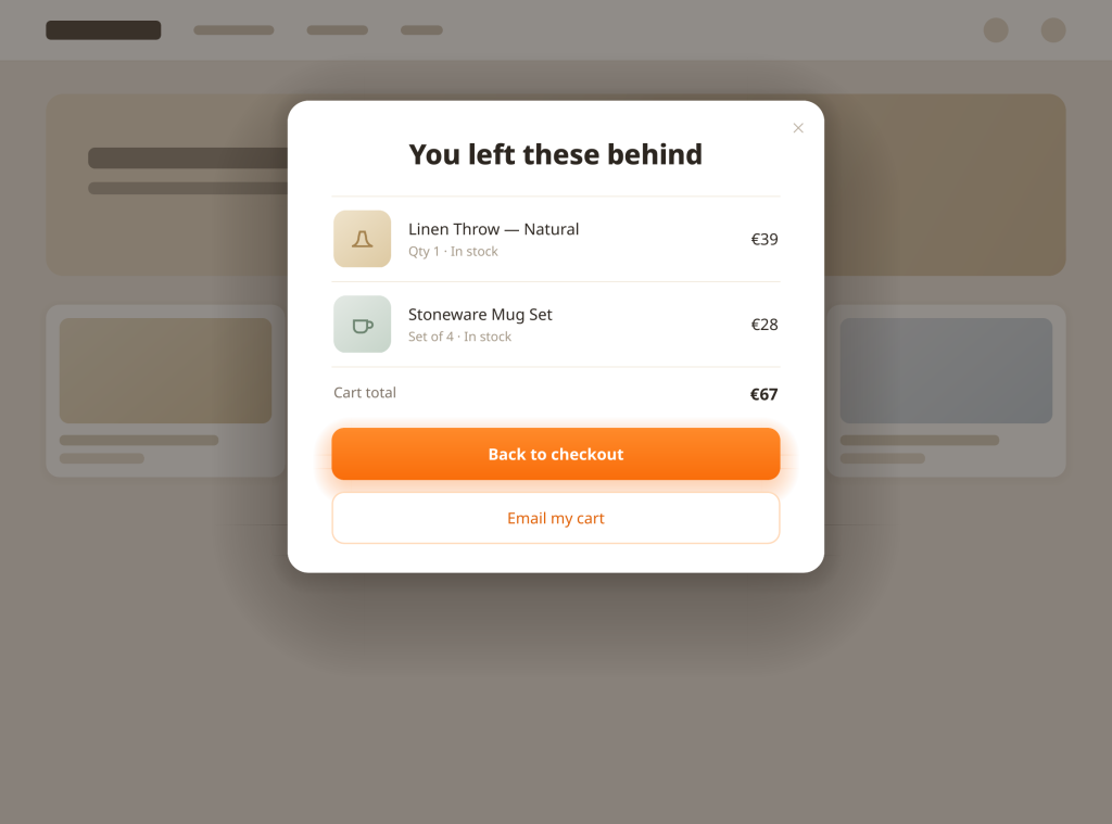 Example of a cart abandonment popup mirroring the cart: item images and names with an email-my-cart field