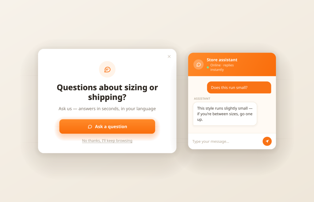 Example of an exit-intent popup handing off to chat: a question about sizing, shipping or returns answered in one tap