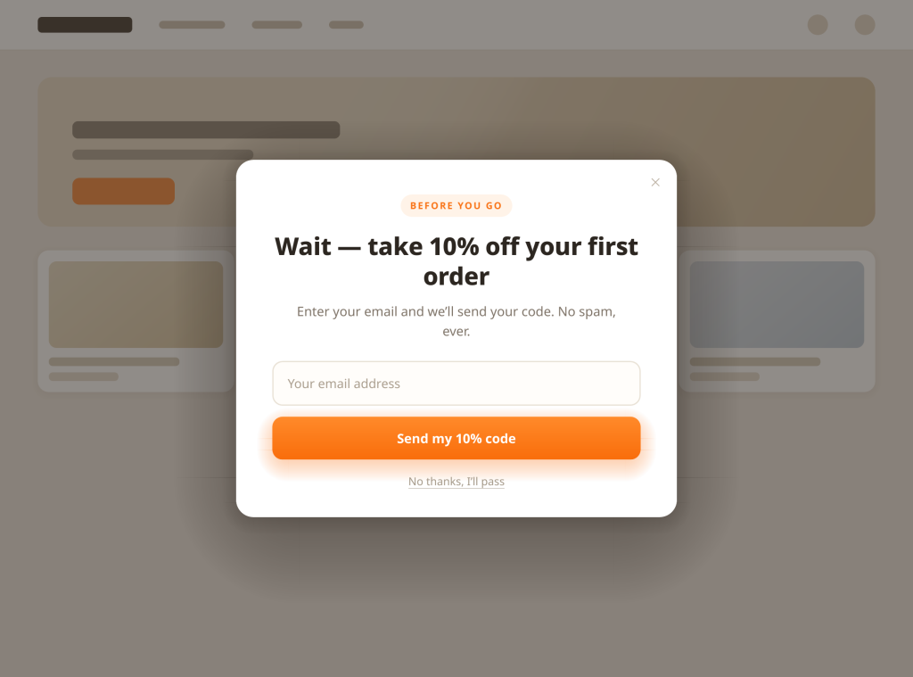 Example of an exit-intent popup offering a straight discount: headline, email field and discount code button