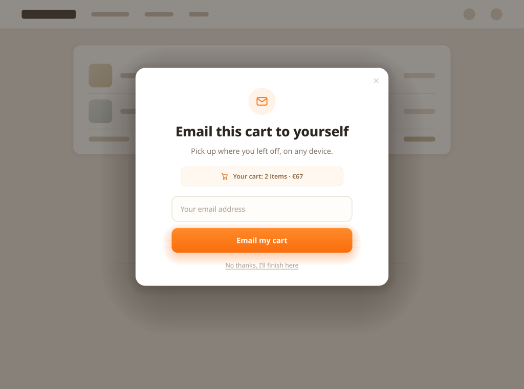 Example of an email-my-cart popup: one email field that sends the saved cart to the shopper