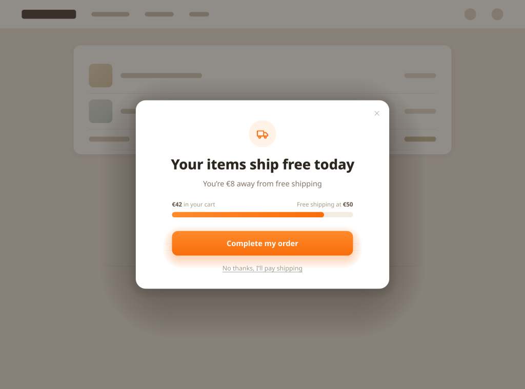 Example of an exit-intent popup offering free shipping to save the order: progress bar toward the free-shipping threshold